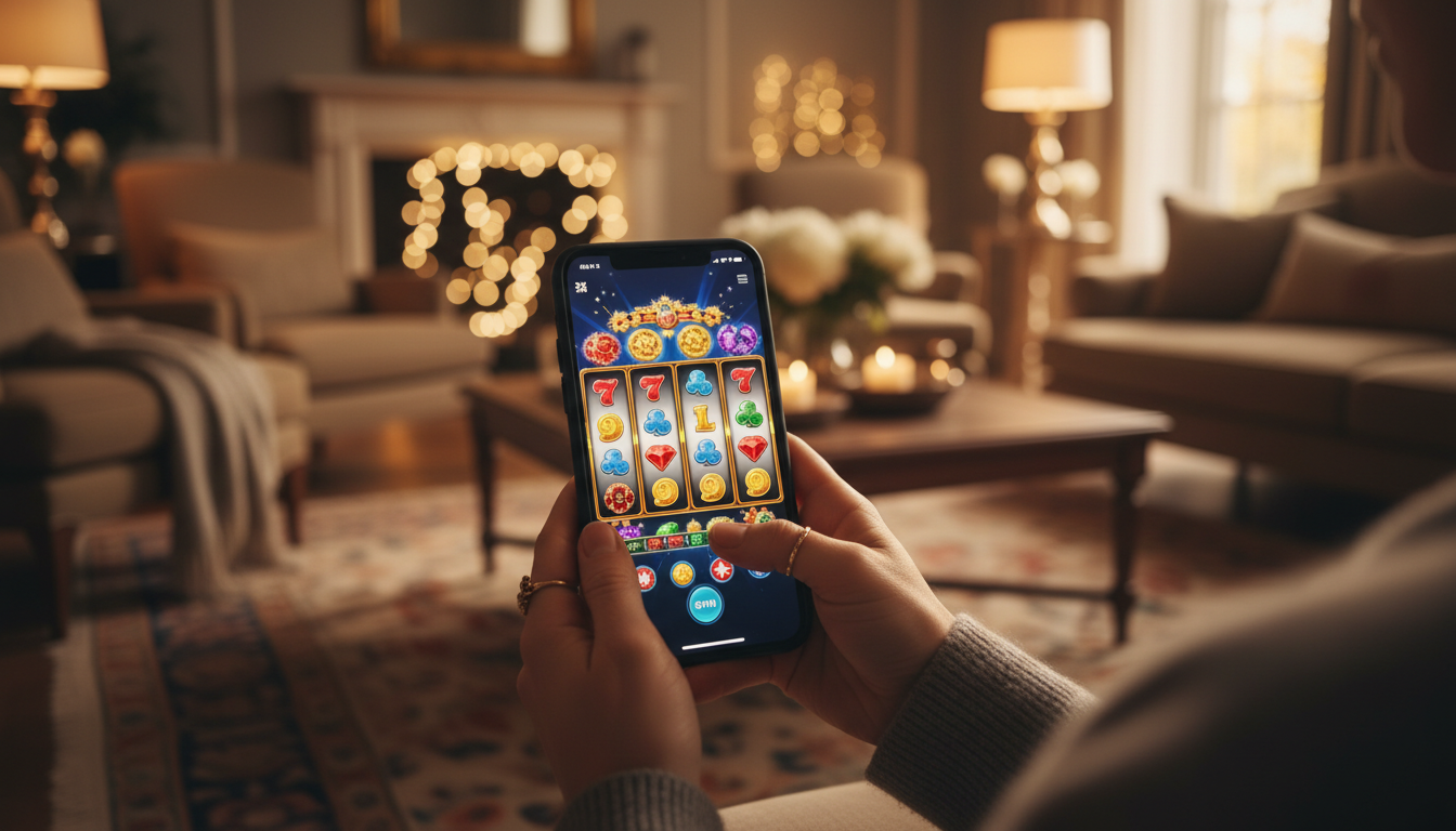 Speler geniet van mobiel casinospel op een smartphone in een luxe interieur